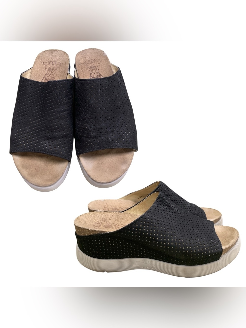 Fly London Black Perforated Slide Wedge Mules S7